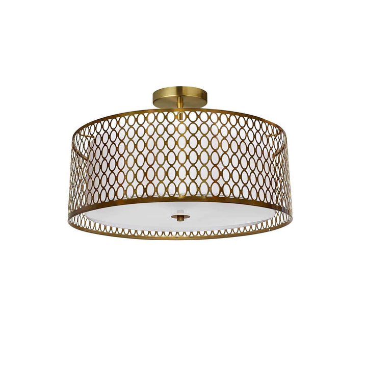 Dainolite 3 Light Aged Brass Semi-Flush Mount with White Shade and Laser Cut Outer