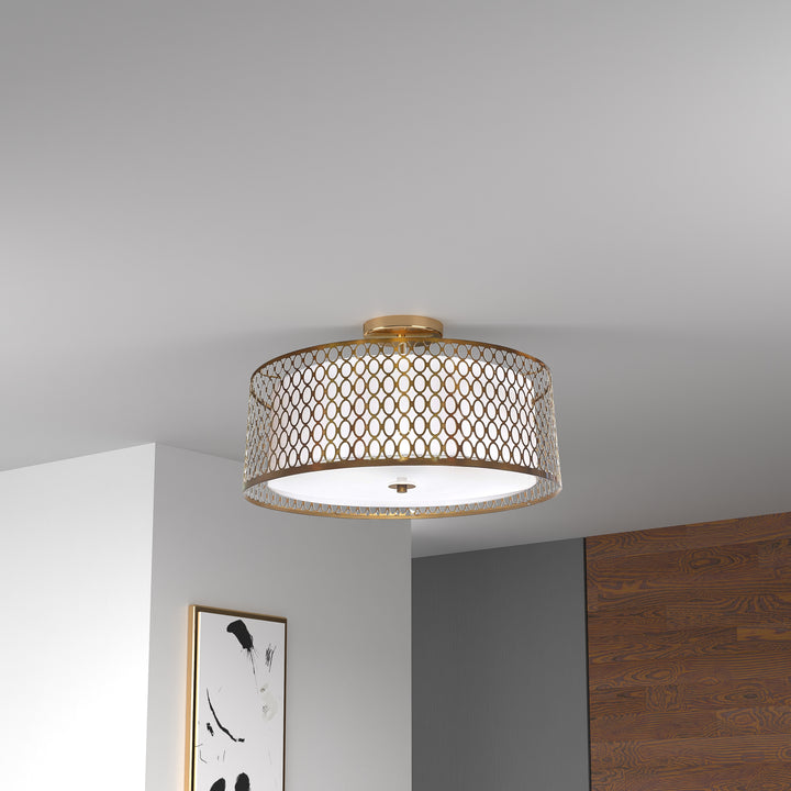 Dainolite 3 Light Aged Brass Semi-Flush Mount with White Shade and Laser Cut Outer