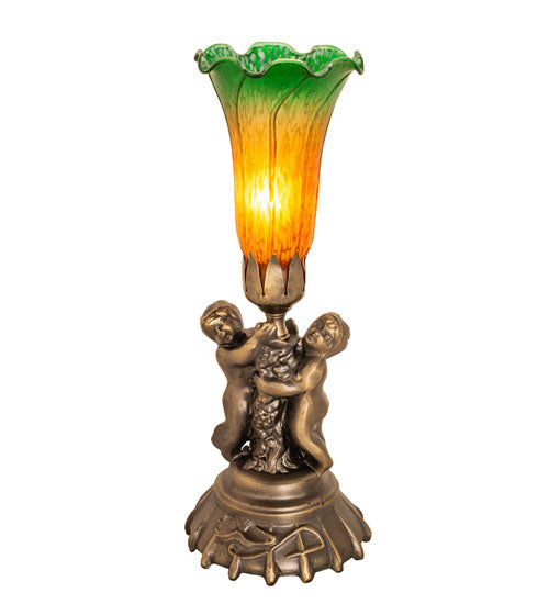 13" High Amber/Green Tiffany Pond Lily Twin Cherub Accent Lamp