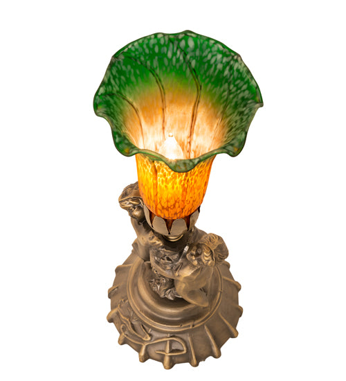 13" High Amber/Green Tiffany Pond Lily Twin Cherub Accent Lamp