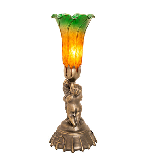 13" High Amber/Green Tiffany Pond Lily Twin Cherub Accent Lamp