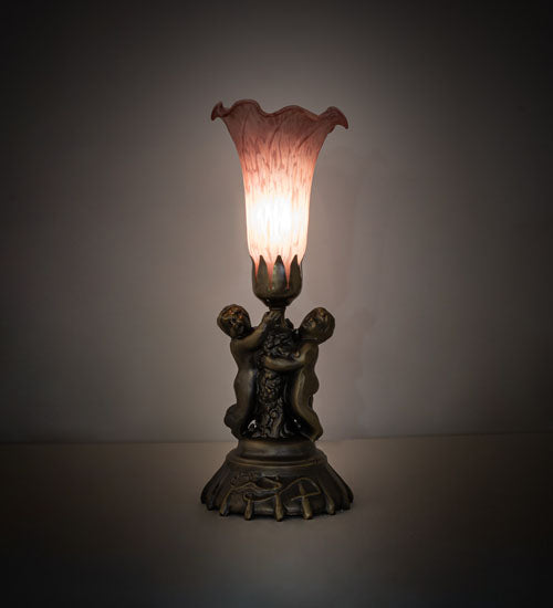 13" High Pink Tiffany Pond Lily Twin Cherub Accent Lamp