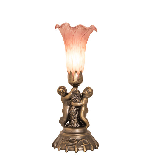 13" High Pink Tiffany Pond Lily Twin Cherub Accent Lamp