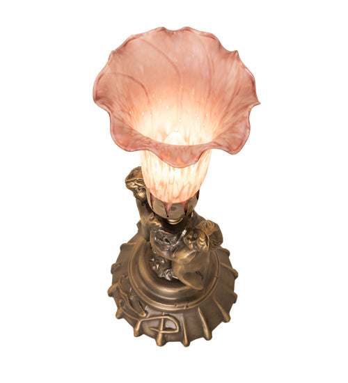 13" High Pink Tiffany Pond Lily Twin Cherub Accent Lamp