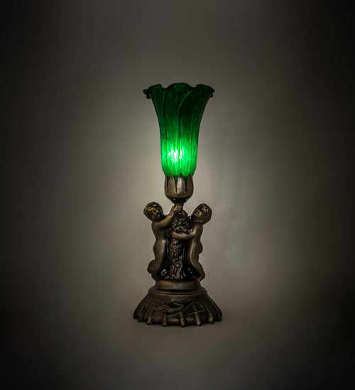 13" High Green Tiffany Pond Lily Twin Cherub Accent Lamp