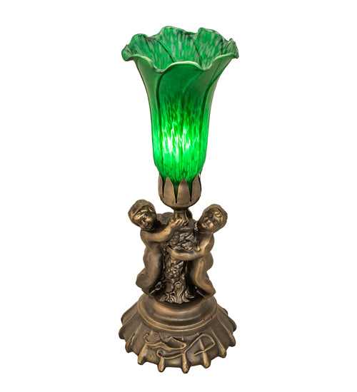 13" High Green Tiffany Pond Lily Twin Cherub Accent Lamp