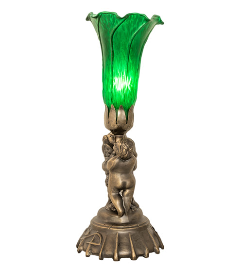 13" High Green Tiffany Pond Lily Twin Cherub Accent Lamp