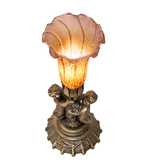 13" High Amber/Purple Tiffany Pond Lily Twin Cherub Accent Lamp