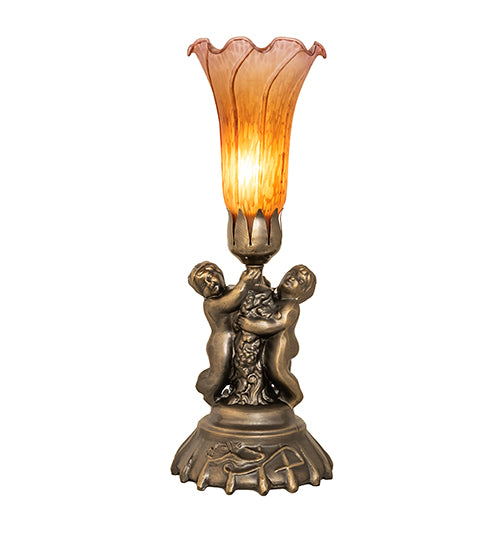 13" High Amber/Purple Tiffany Pond Lily Twin Cherub Accent Lamp