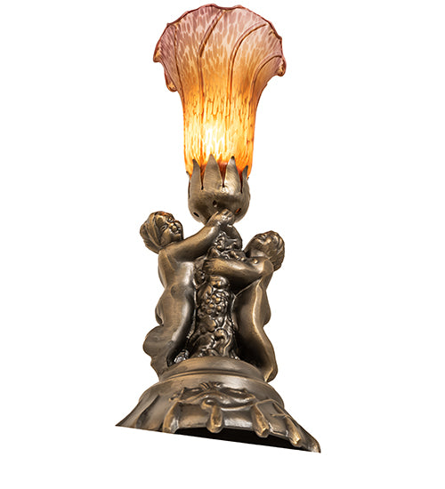 13" High Amber/Purple Tiffany Pond Lily Twin Cherub Accent Lamp