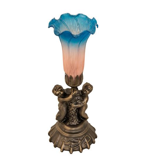 13" High Pink/Blue Tiffany Pond Lily Twin Cherub Accent Lamp