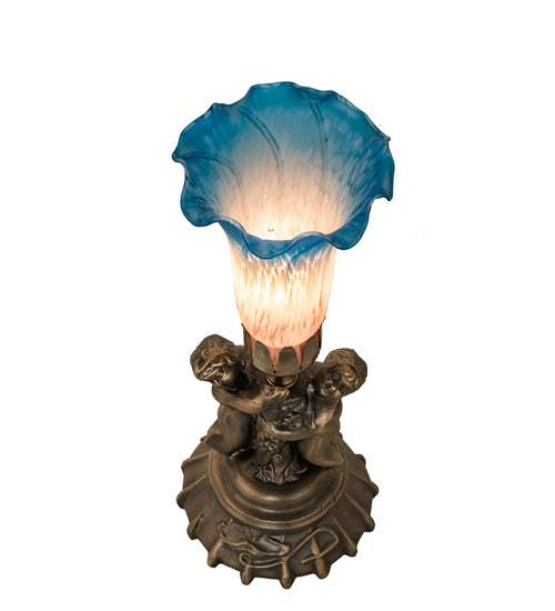 13" High Pink/Blue Tiffany Pond Lily Twin Cherub Accent Lamp