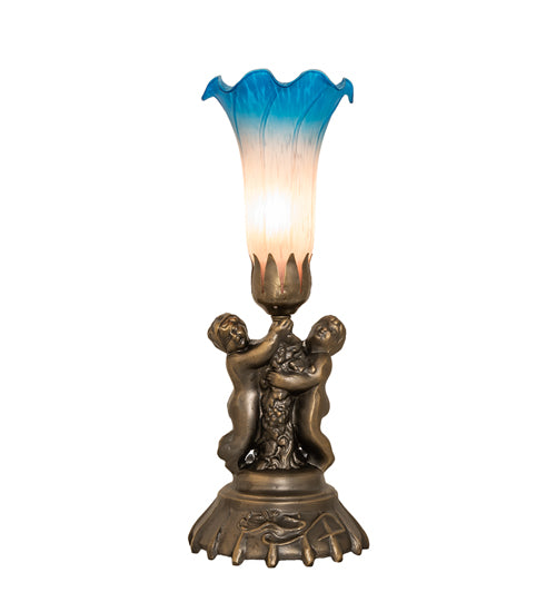 13" High Pink/Blue Tiffany Pond Lily Twin Cherub Accent Lamp