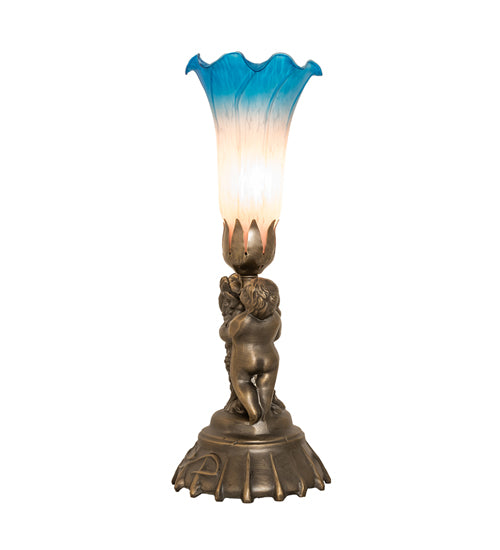 13" High Pink/Blue Tiffany Pond Lily Twin Cherub Accent Lamp