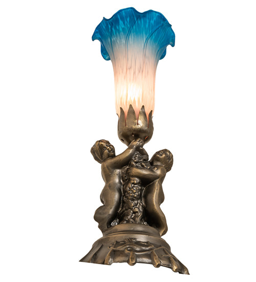 13" High Pink/Blue Tiffany Pond Lily Twin Cherub Accent Lamp