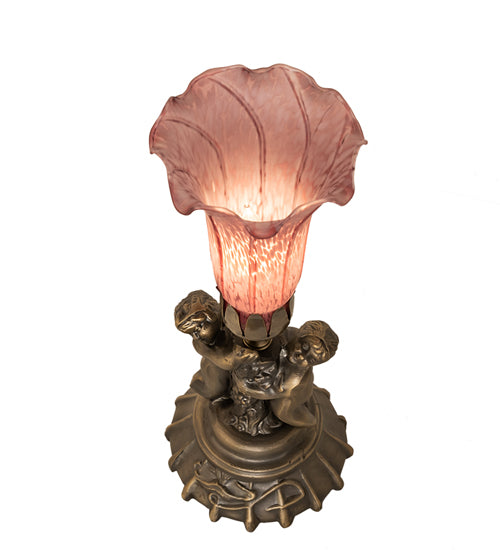 13" High Lavender Pond Lily Twin Cherub Mini Lamp