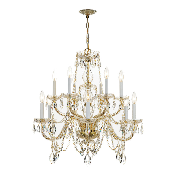 Traditional Crystal 12 Light Hand Cut Crystal Polished Brass Chandelier