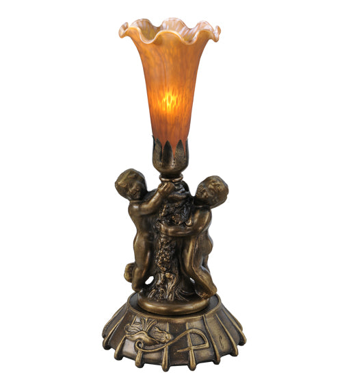 12" High Amber Tiffany Pond Lily Twin Cherub Mini Lamp