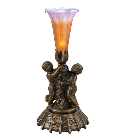 12" High Amber/Purple Tiffany Pond Lily Twin Cherub Mini Lamp