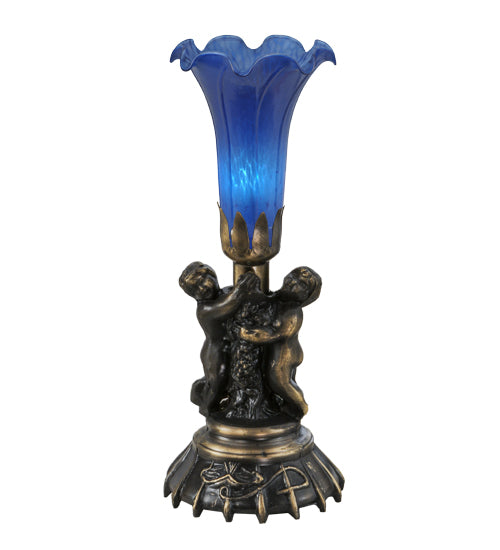 12" High Blue Pond Lily Twin Cherub Mini Lamp