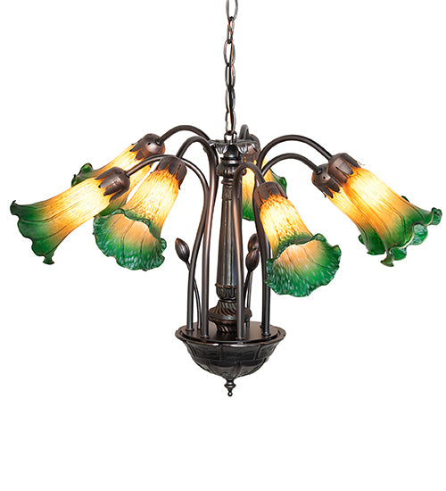 24" Wide Amber/Green Pond Lily Tiffany Pond Lily 7 Lt Chandelier