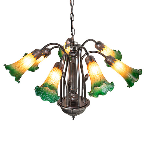 24" Wide Amber/Green Pond Lily Tiffany Pond Lily 7 Lt Chandelier