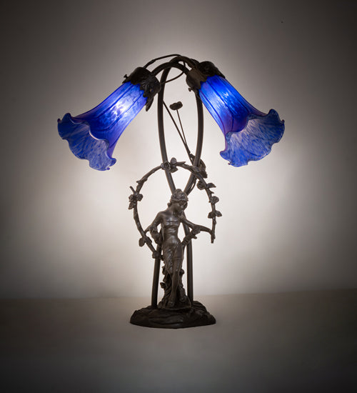 17" High Blue Tiffany Pond Lily 2 Light Trellis Girl Accent Lamp