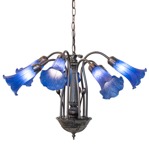 24" Wide Blue Tiffany Pond Lily 7 Lt Chandelier