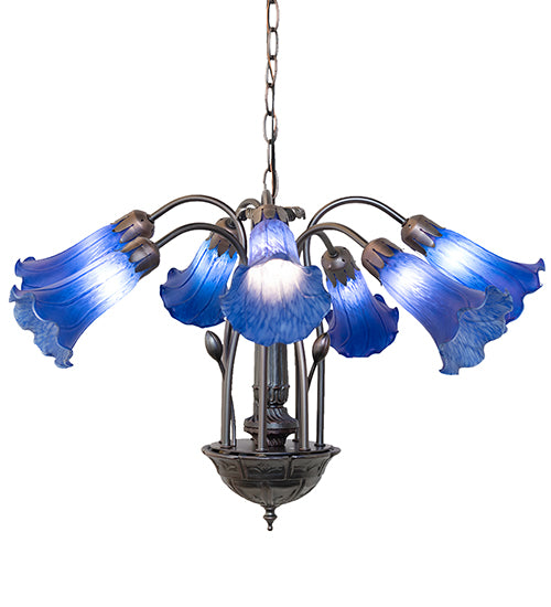 24" Wide Blue Tiffany Pond Lily 7 Lt Chandelier