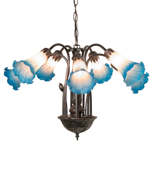 24" Wide Pink/Blue Tiffany Pond Lily 7 Lt Chandelier