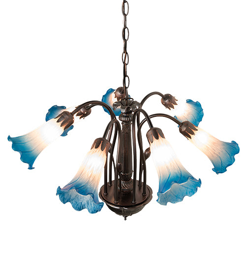 24" Wide Pink/Blue Tiffany Pond Lily 7 Lt Chandelier