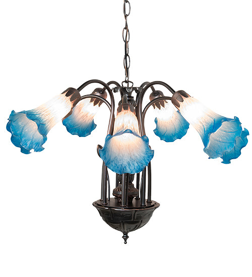 24" Wide Pink/Blue Tiffany Pond Lily 7 Lt Chandelier