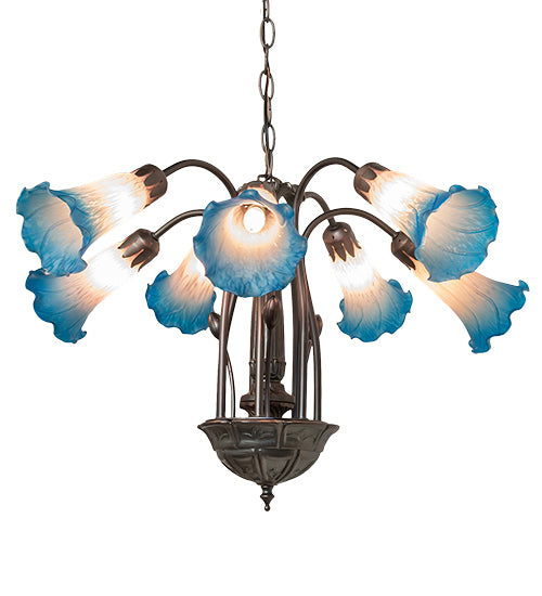 24" Wide Pink/Blue Tiffany Pond Lily 7 Lt Chandelier