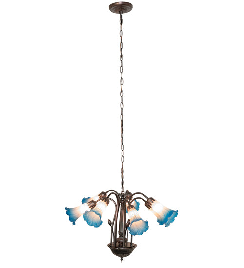 24" Wide Pink/Blue Tiffany Pond Lily 7 Lt Chandelier