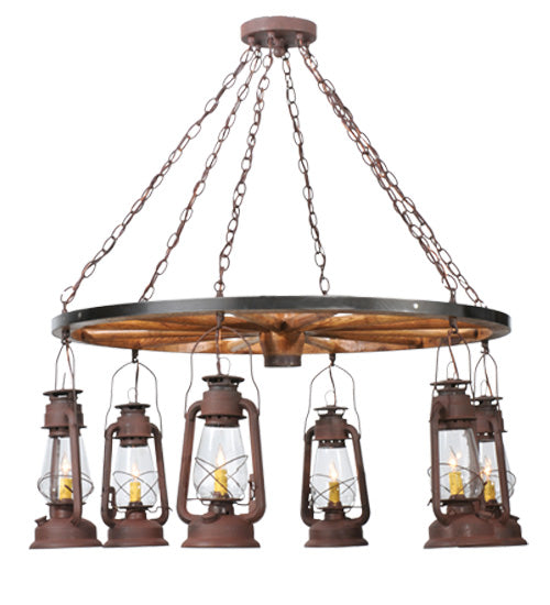 40"W Miners Lantern 6 Lt Wagon Wheel Chandelier