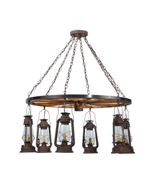 40"W Miners Lantern 6 Lt Wagon Wheel Chandelier