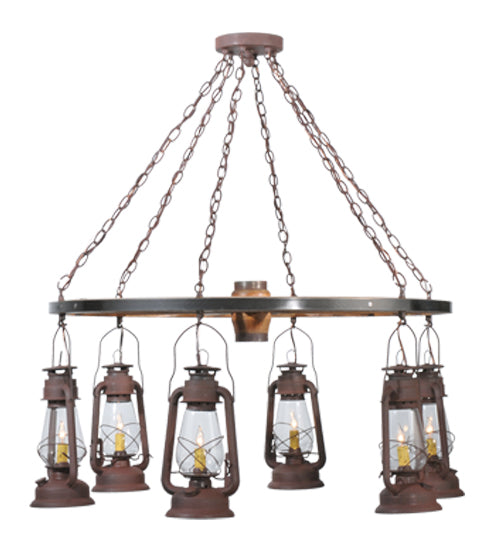 40"W Miners Lantern 6 Lt Wagon Wheel Chandelier