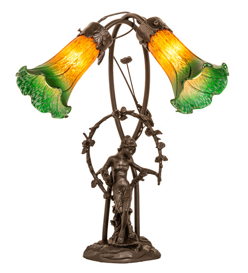 17" High Amber/Green Tiffany Pond Lily 2 Light Trellis Girl Accent Lamp