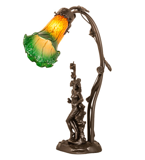 17" High Amber/Green Tiffany Pond Lily 2 Light Trellis Girl Accent Lamp