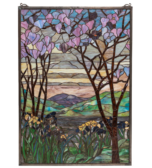 29"W X 40"H Tiffany Magnolia & Iris Stained Glass Window