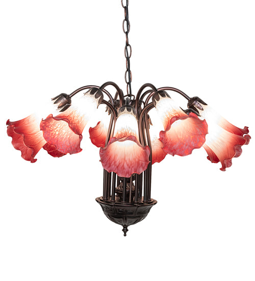 24" Wide Pink/White Tiffany Pond Lily 12 Light Chandelier