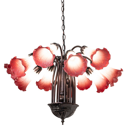 24" Wide Pink/White Tiffany Pond Lily 12 Light Chandelier