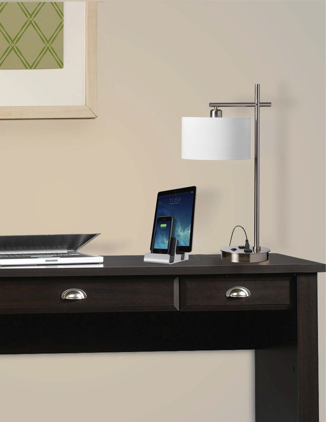 Dainolite 1 Light Incandescent Table Lamp with USB Port and Receptacle, Satin Chrome Finish