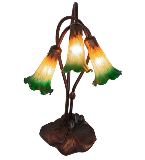 16" High Amber/Green Tiffany Pond Lily 3 Lt Accent Lamp