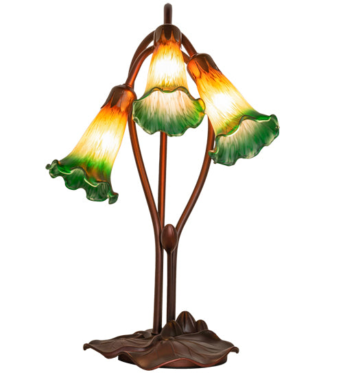 16" High Amber/Green Tiffany Pond Lily 3 Lt Accent Lamp