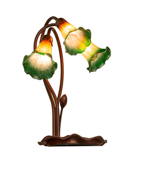 16" High Amber/Green Tiffany Pond Lily 3 Lt Accent Lamp