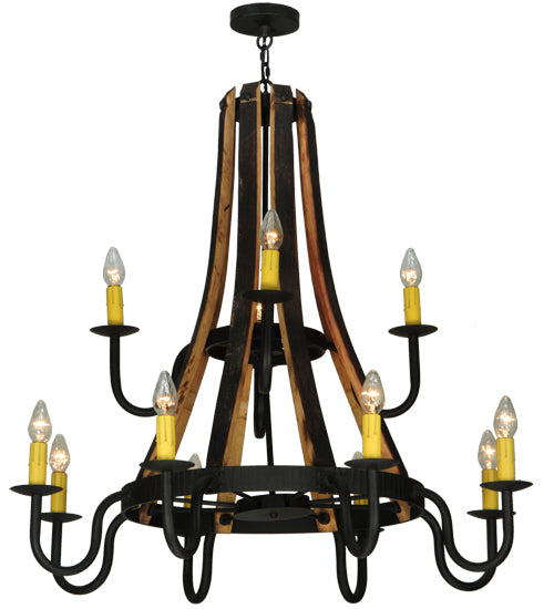 44"W Barrel Stave Madera 12 Lt Two Tier Chandelier