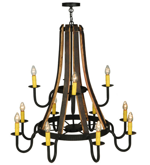 44"W Barrel Stave Madera 12 Lt Two Tier Chandelier