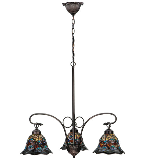 30"W Tiffany Peacock Feather 3 Lt Chandelier