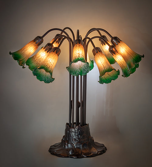 24" High Amber/Green Tiffany Pond Lily 10 Lt Table Lamp